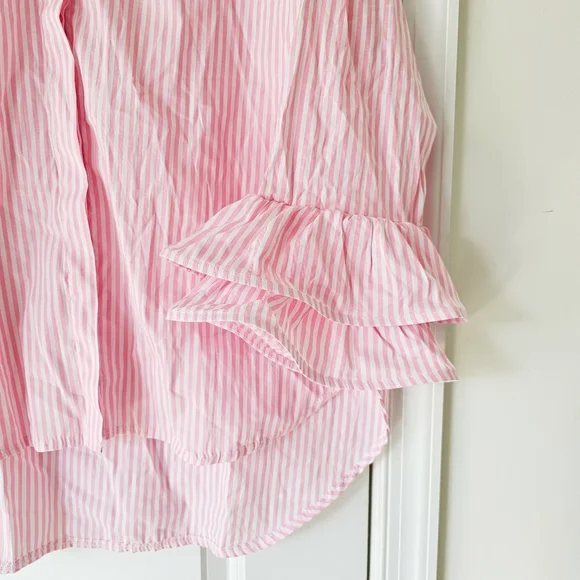 Italian 100% Cotton By Coco Pink White Striped Ruffle Button Up Shirt Size L/XXL - Picture 10 of 15